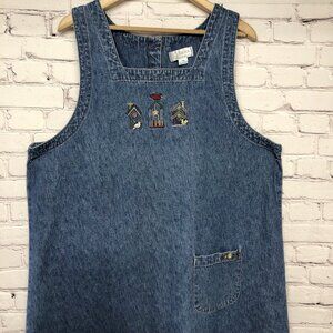 Christopher & Banks Denim Jumper Dress Modest Teacher Embroidered Plus Sz 18